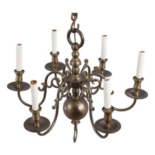 1970s Colonial Style Brass 6 Light Chandelier For Sale