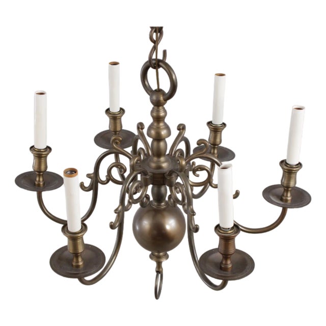 1970s Colonial Style Brass 6 Light Chandelier For Sale
