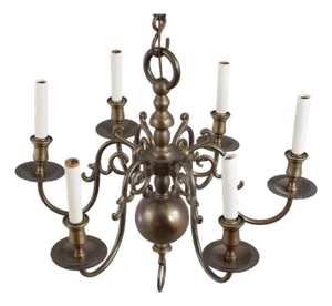 1970s Colonial Style Brass 6 Light Chandelier