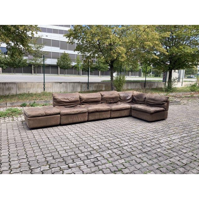 Textile Vintage Brown Leather Sofa from Rolf Benz, 1970s, Set of 6 For Sale - Image 7 of 18
