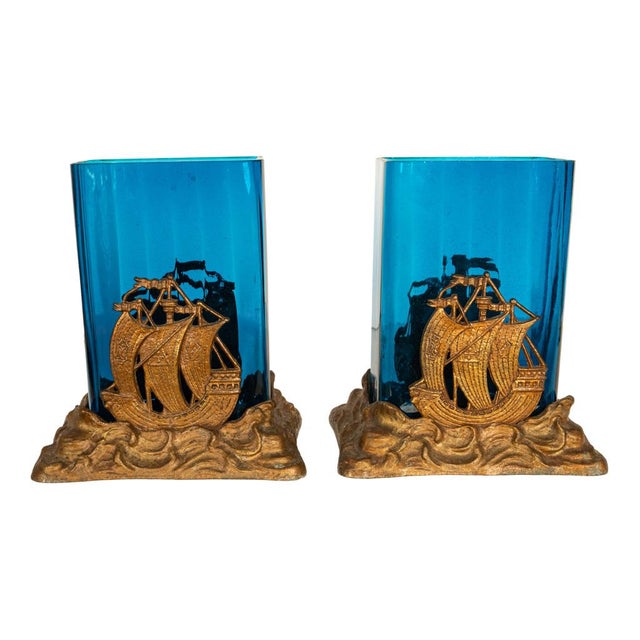 1920s Antique American Art Deco Brass Glass Vases Ship Bookends Bradley & Hubbard 1925 For Sale - Image 5 of 13