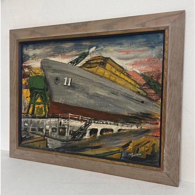 Industrial Vintage Mid-Century Industrial Shipyard Painting Signed Framed Harbor Maritime Scene. For Sale - Image 3 of 10