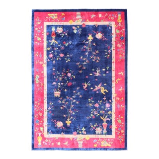 Large Antique Art Deco Rug in Deep Navy Blue With Vibrant Red Border For Sale
