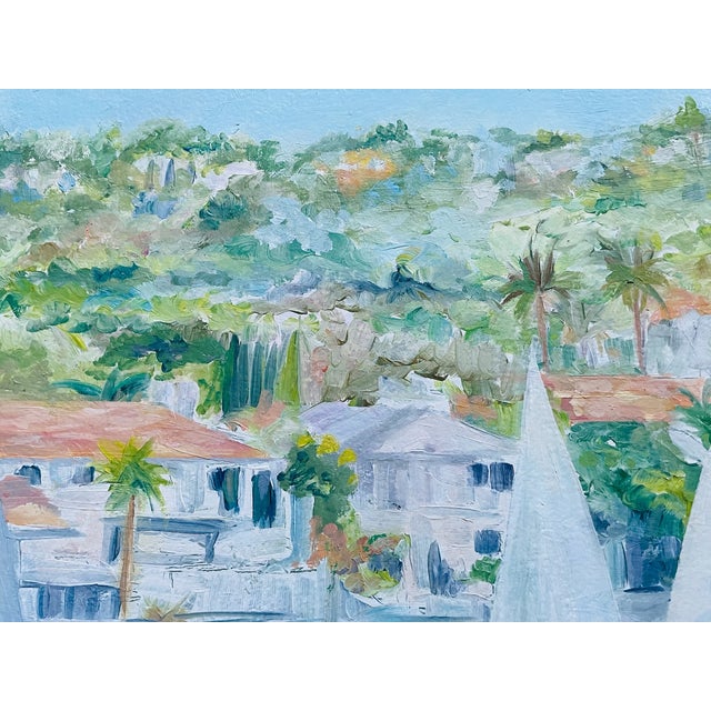 Plastic 1980s Sailing Along Coastal Seascape Signed Leslie Schultz Oil on Panel For Sale - Image 7 of 8