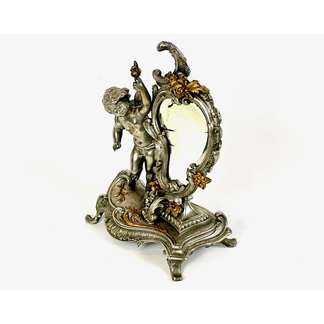Metal French Louis XV Style Table Mirror with Cherub, 19th Century For Sale - Image 7 of 15