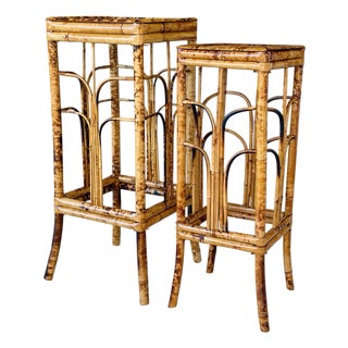 Pair of Vintage Scorched Bamboo Nesting Stands or Side Tables For Sale