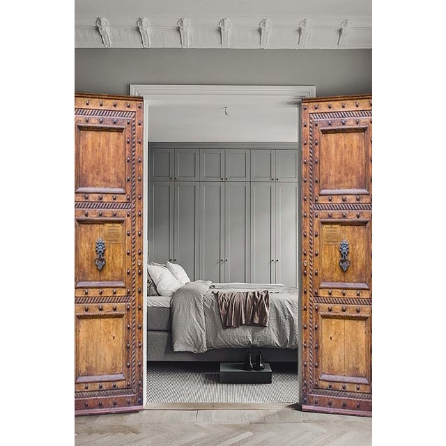 Rustic Solid Wood Entry Door With Iron Studs & Raised Panel Design Clavo Accented Door For Sale - Image 11 of 11