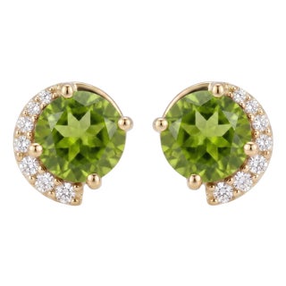 Peridot Round Shape Diamond Studs - August Birthstone Earrings - A Pair For Sale