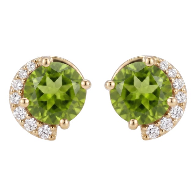 Peridot Round Shape Diamond Studs - August Birthstone Earrings - A Pair For Sale