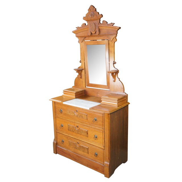 Victorian Antique Victorian Eastlake Walnut Marble Top Gentlemans Dresser Glove Box Mirror For Sale - Image 3 of 13