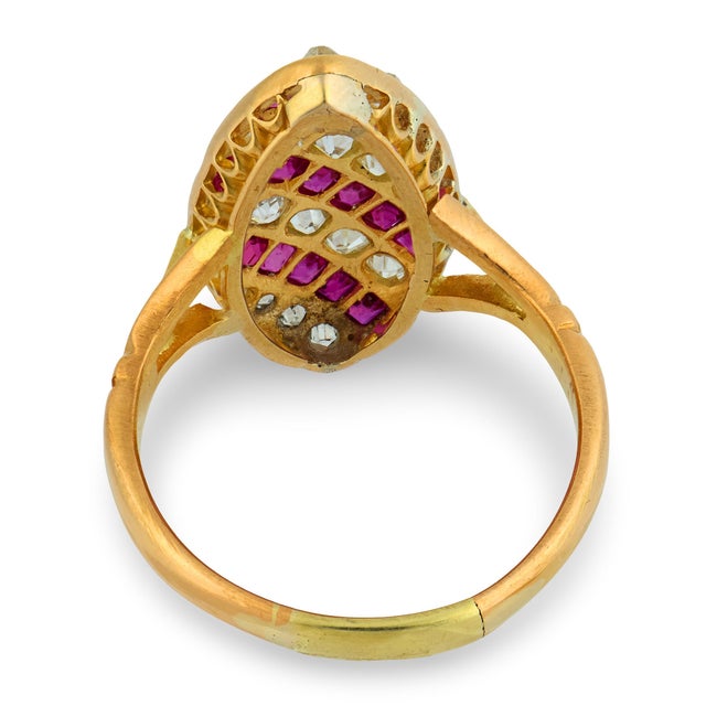 Early 20th Century Early 20th Century Victorian Old Mine Cut Diamond Ruby 14k Rose Gold Navette Ring, Size 7.75 For Sale - Image 5 of 5