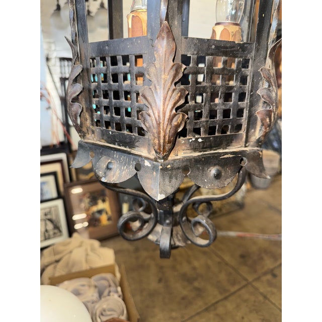 1920s Spanish Revival Wrought Iron Pendant Lantern For Sale - Image 11 of 11