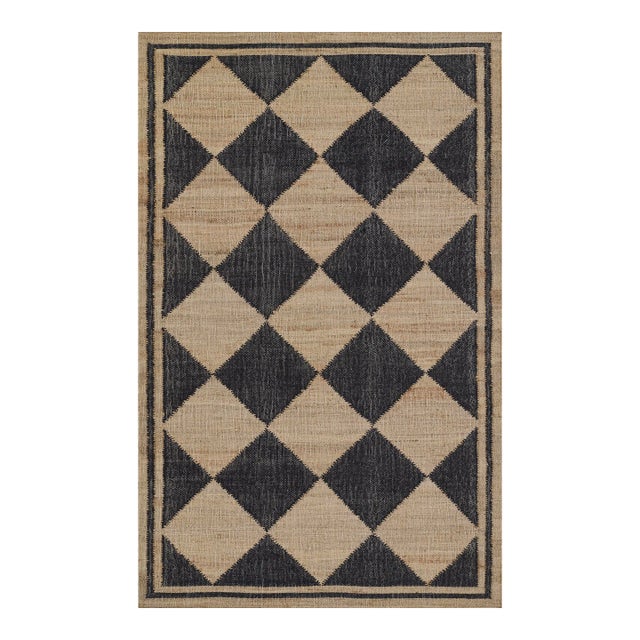 Erin Gates by Momeni Orchard Court Checker Black Hand Woven Wool and Jute Area Rug 9' X 12' For Sale