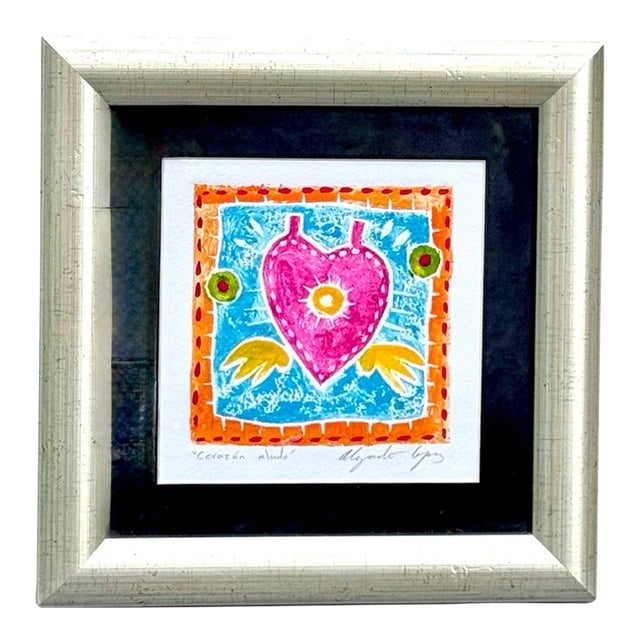 Alejandro López Álvarez “Corazón Alado” Signed Hand-Finished Collagraph, Framed For Sale