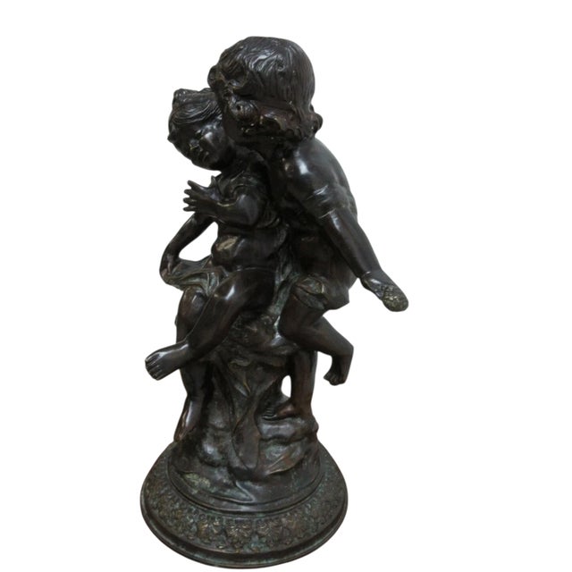 Metal Vintage Bronze Frolicking Boy Girl Statue Italian Regency French For Sale - Image 7 of 9