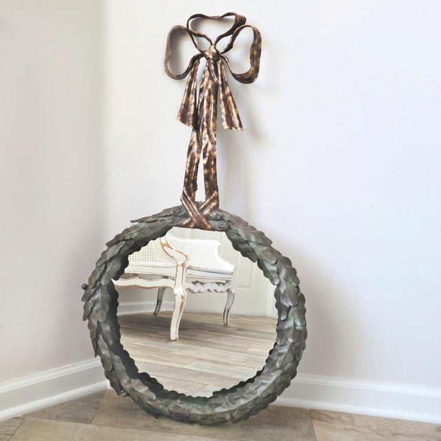 Hollywood Regency LaBarge Italian Patinated Tole Wreath Bow Metal Wall Mirror For Sale - Image 3 of 10
