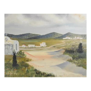 Late 20th Century Adobe Village Landscape Painting