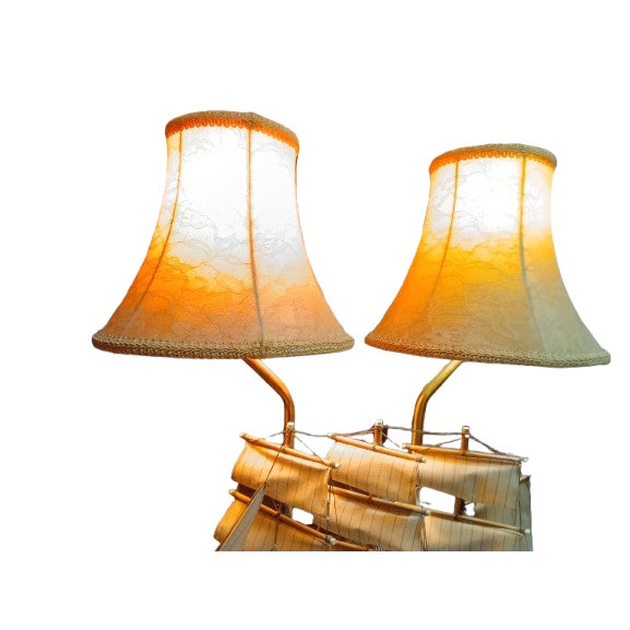 This RARE Vintage Collectable Table Electric Ship Lamp with Antique bell shape Shades is a large, nautical-themed lamp...