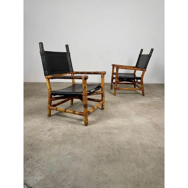 Pair of Italian Bamboo and Leather Lounge Chairs, 1970s Pair of Italian bamboo and leather lounge chairs from the 1970s,...