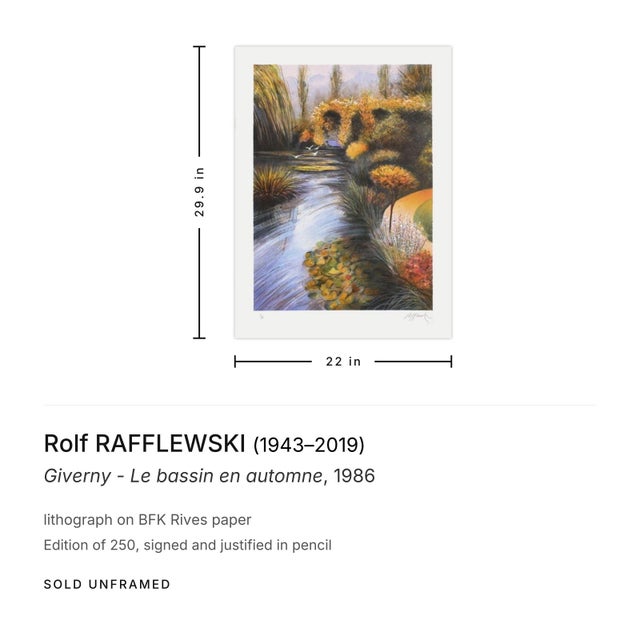 Industrial 1986 Rolf Rafflewski Giverny - Le Bassin en Automne Signed Lithograph For Sale - Image 3 of 3