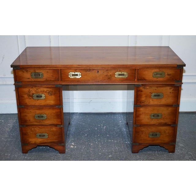 Antiques of London This impressive vintage twin pedestal desk is crafted in richly figured yew wood and designed in the...