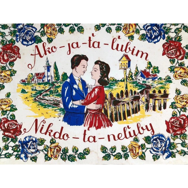 This 1940s, colored block print on linen from Slovakia, shows a couple in love in a picturesque landscape. The pictures is...