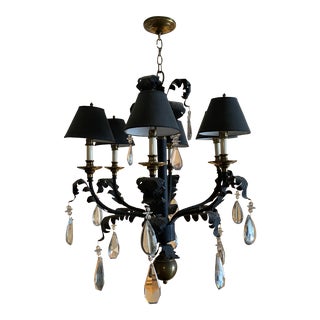 Vintage Hart Scrolled Leaf Chandelier With Crystal Drops and Black Shades For Sale