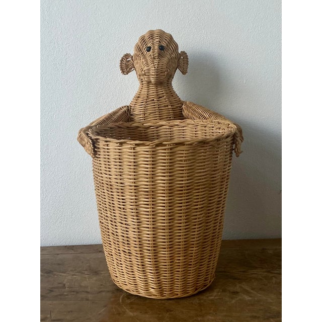 Hollywood Regency Vintage Boho Woven Rattan Monkey Basket For Sale - Image 3 of 7
