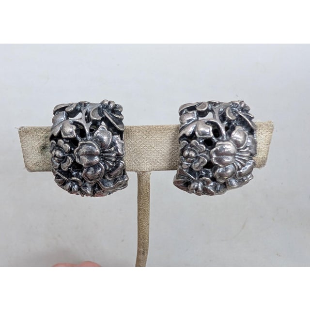 Napier Vintage 1970s Signed Napier Silvertone Floral Half Hoop Clip Earrings-2 Pieces For Sale - Image 4 of 7