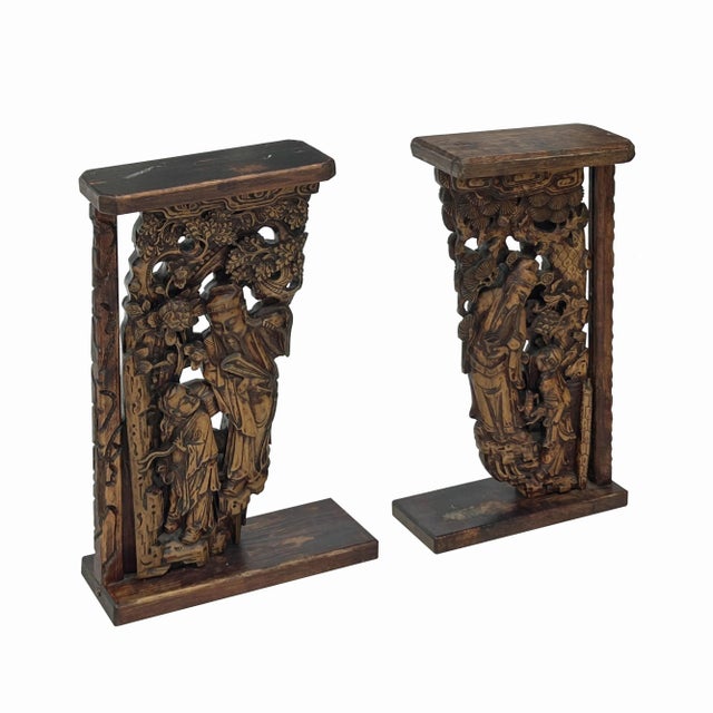 Chinese Pair Vintage Chinese Man Kid Wood Carving Desktop Display Plaque For Sale - Image 3 of 9