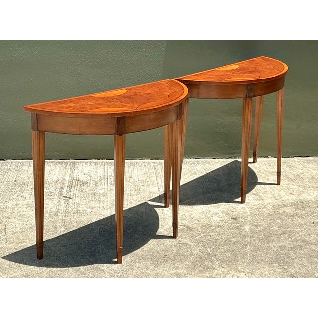 Vintage Regency Sunburst Burl Wood Demilune Tables - A Pair For Sale - Image 11 of 12