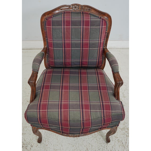 Age: Approx: 30 Years Old Details: Walnut Finish Fine Carved Details High Quality Construction Nice Plaid Print Upholstery...