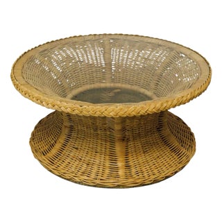 1970s Hourglass Rattan and Glass Coffee Table For Sale