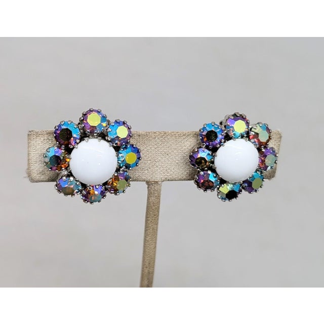 1960s Vintage Signed Weiss White Cabochon & Aurora Borealis Clip Earrings-2 Pieces For Sale - Image 5 of 7