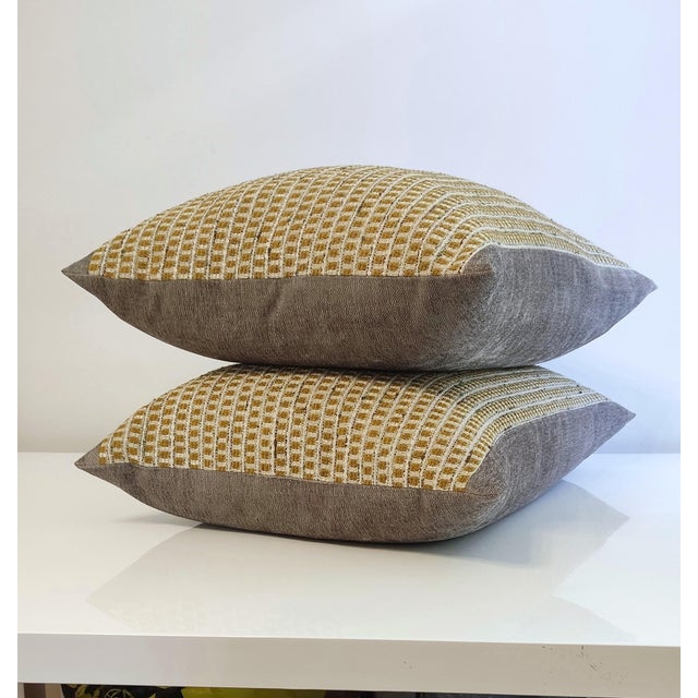 Yellow Textural Masterpiece, Warm Earthy Palette & Fancy Yarns – A Set of 2 Decorative Pillow Covers 28” X 20” For Sale - Image 8 of 16