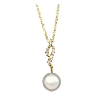 Natural Solitaire Akoya Pearl Diamond Pendant Set 18" 14k YG 8.02 mm Certified For Sale