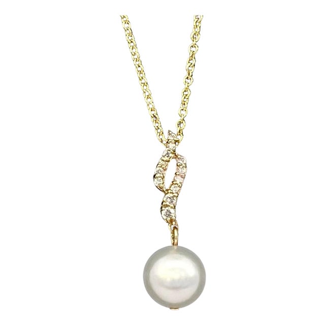 Natural Solitaire Akoya Pearl Diamond Pendant Set 18" 14k YG 8.02 mm Certified For Sale