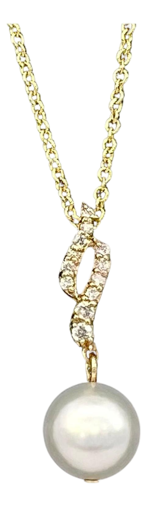 Natural Solitaire Akoya Pearl Diamond Pendant Set 18" 14k YG 8.02 mm Certified