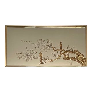 Vintage 1980s Hollywood Regency Style Signed Sebet Silverman Verre Églomisé Gold Mirror With Peacocks - 50” X 25” For Sale