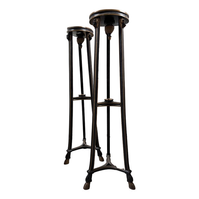 Late 20th Century Pair of Neoclassical Empire Style Ram's Head Tripod Torchère Pedestals For Sale