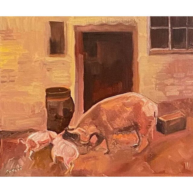 Original oil painting on canvas laid down on foam board of a hog and her piglets by Satori Gregorakis. Signed in the lower...
