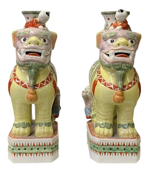 Pair Vintage Yellow Foo Dog Shape Candle Holder Vase Displays