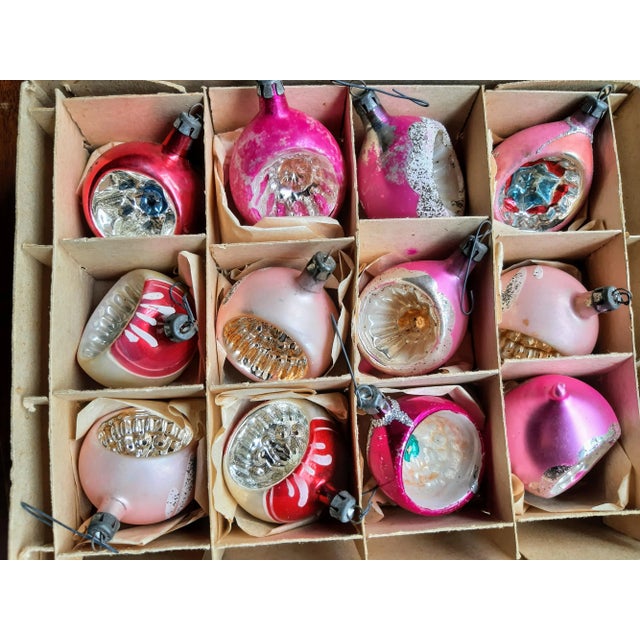 Mid 20th Century Christmas Box Pink Mercury Glass Ornaments Set 12 For Sale - Image 5 of 13