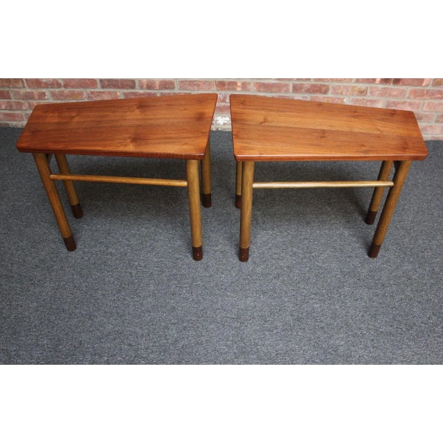 Brown Pair of Mid-Century Walnut, Leather and Mahogany Wedge End Tables by Dunbar For Sale - Image 8 of 12