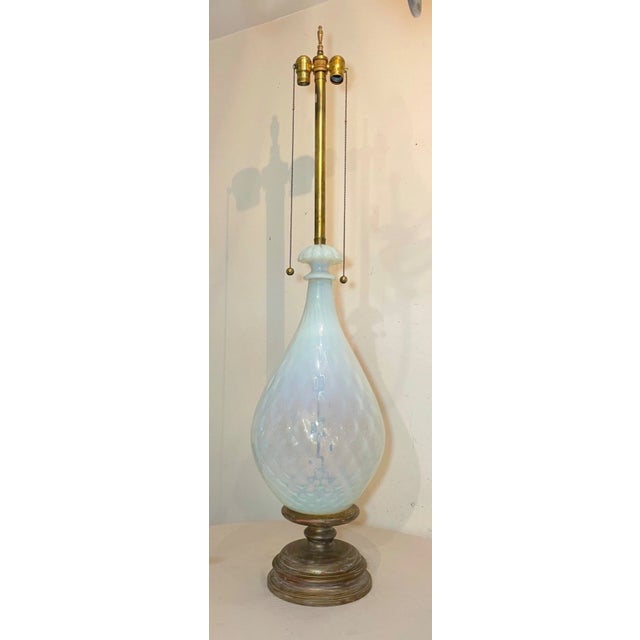 1960s 1960s Gigantic Hand Blown Italian Murano Opalescent Lattice Opal Glass Table Lamp Wood For Sale - Image 5 of 15