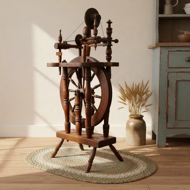 Antique upright castle-style wooden spinning wheel, estimated c. 1840–1880, featuring a compact vertical design, turned...