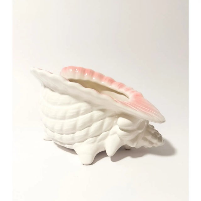 Hollywood Regency Vintage Coastal Glazed Ceramic Conch Shell Cachepot Planter For Sale - Image 3 of 7