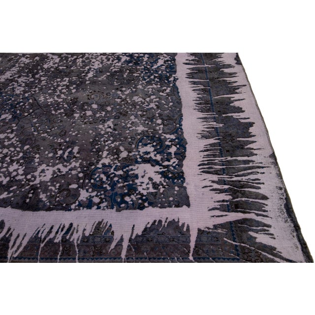Gray Vintage Distressed Handmade Floral Gray and Blue Wool Rug For Sale - Image 8 of 11