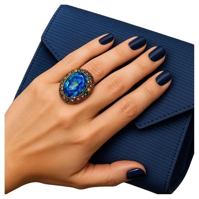 Art Deco Bochic “Orient” Vintage Tourmaline & Blue Topaz Ring Set 18 K Gold & Silver For Sale - Image 3 of 8