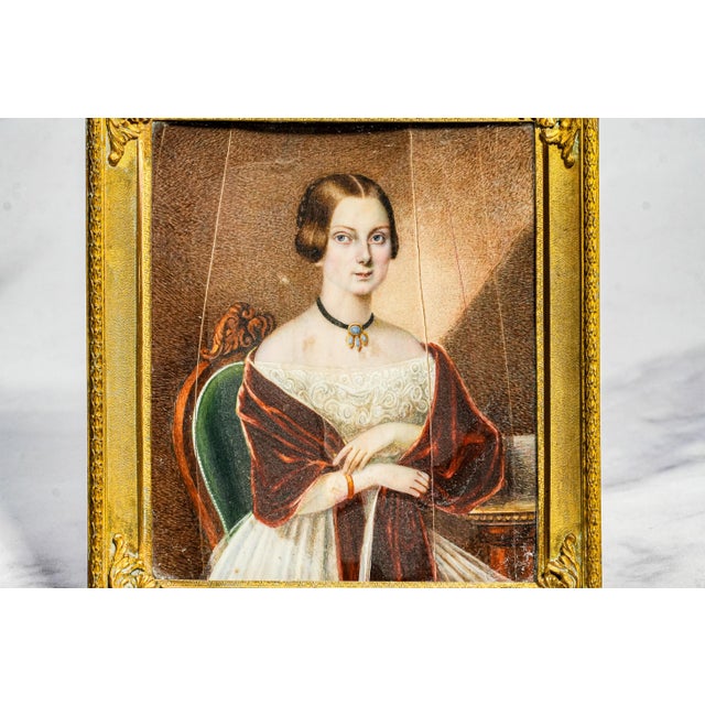 Victorian Refined Antique 19th Century Metal Framed Portrait Miniature Painting Woman For Sale - Image 3 of 16